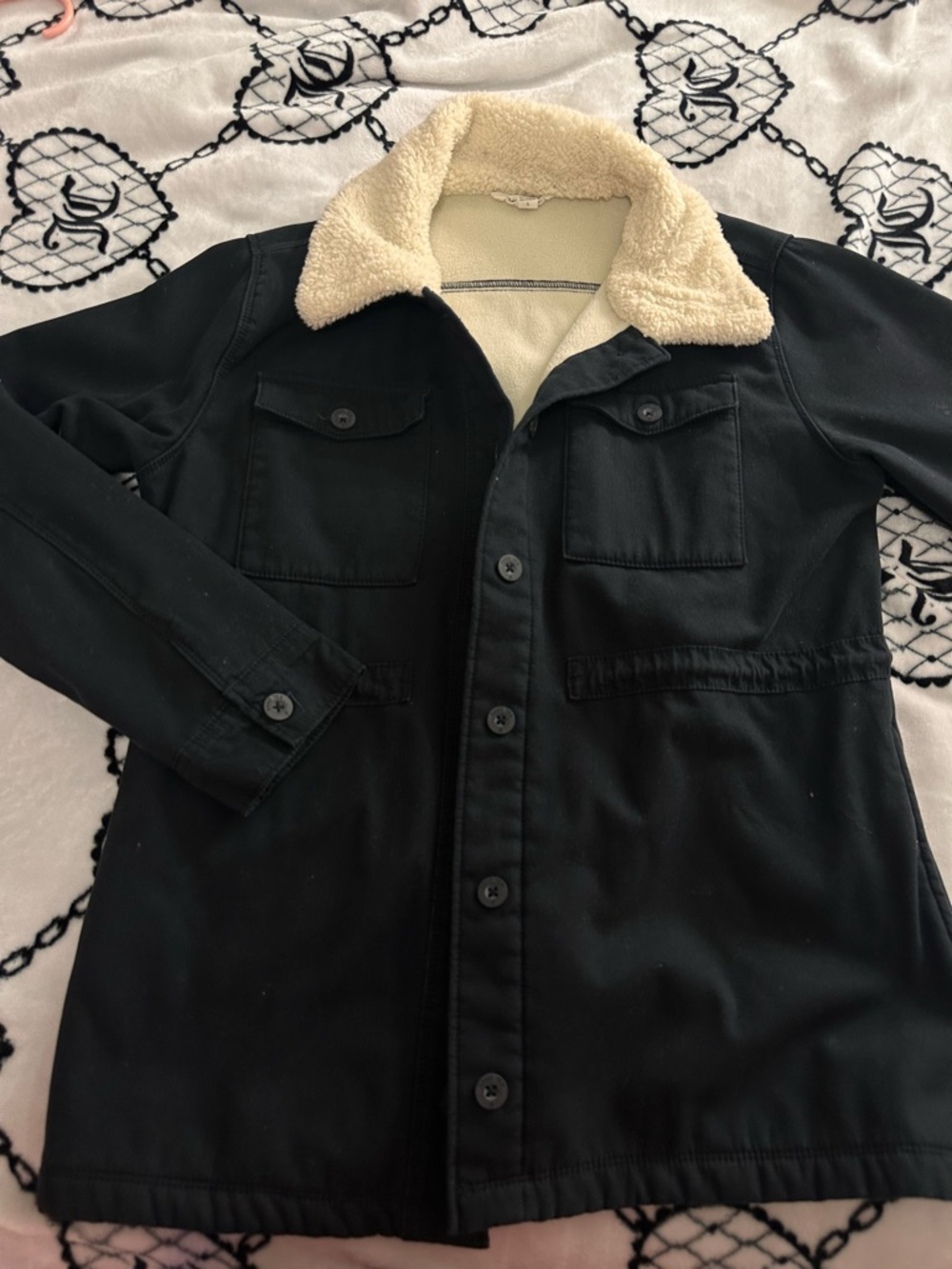 Women Black Sherpa-Lined Button Front Jacket with Cream Collar